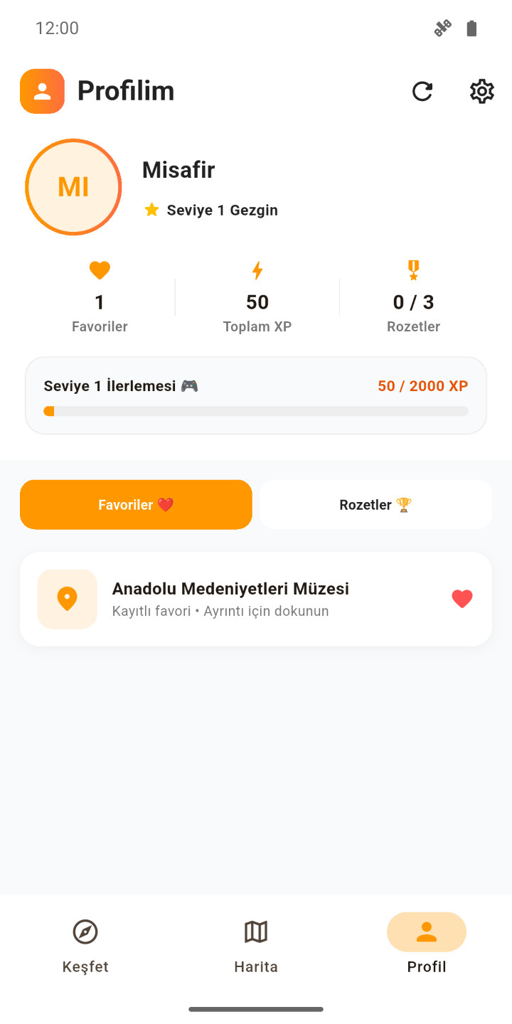 Profil ekranı: misafir kullanıcı, Seviye 1 Gezgin; 1 favori, 50 toplam XP, 0/3 rozet, seviye ilerleme çubuğu ve favorilerde Anadolu Medeniyetleri Müzesi.